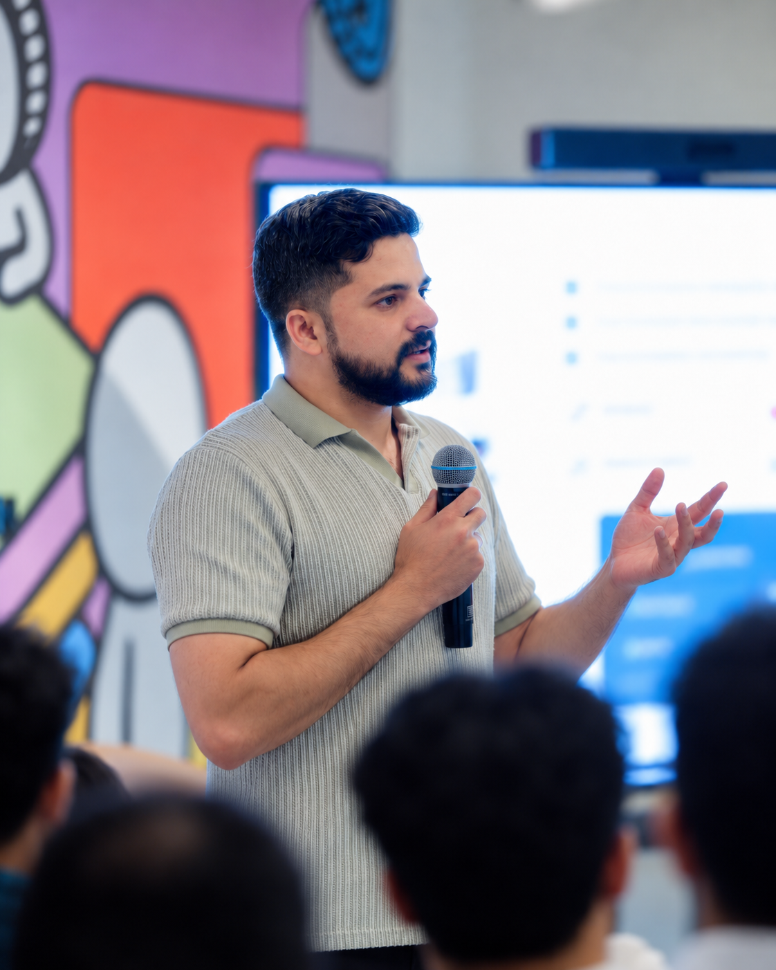 Abid Jamil speaking at the Frontend and Mobile Meetup at Tabby in Riyadh